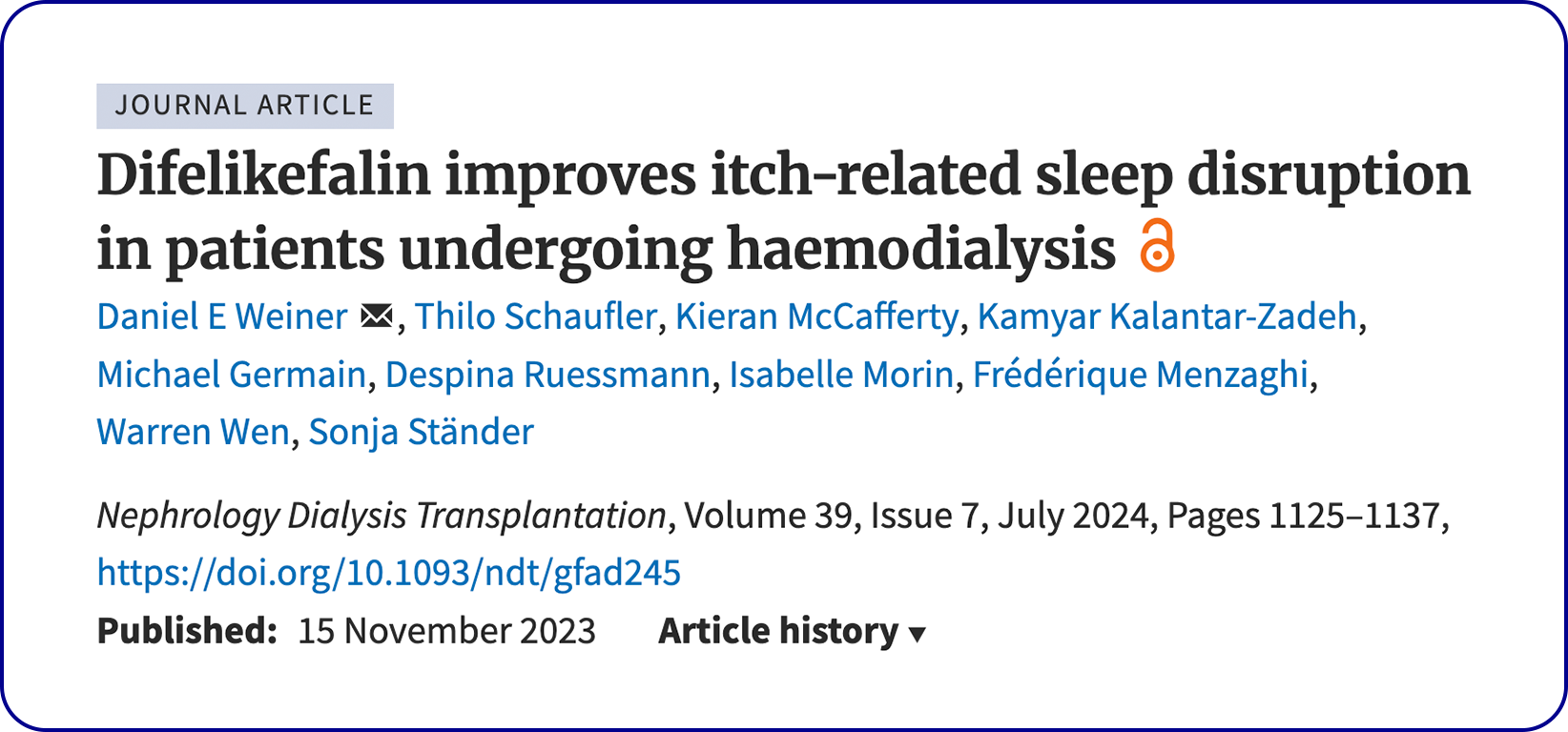 Article about Difelikefalin improves itch-related sleep disruption in patients undergoing haemodialysis